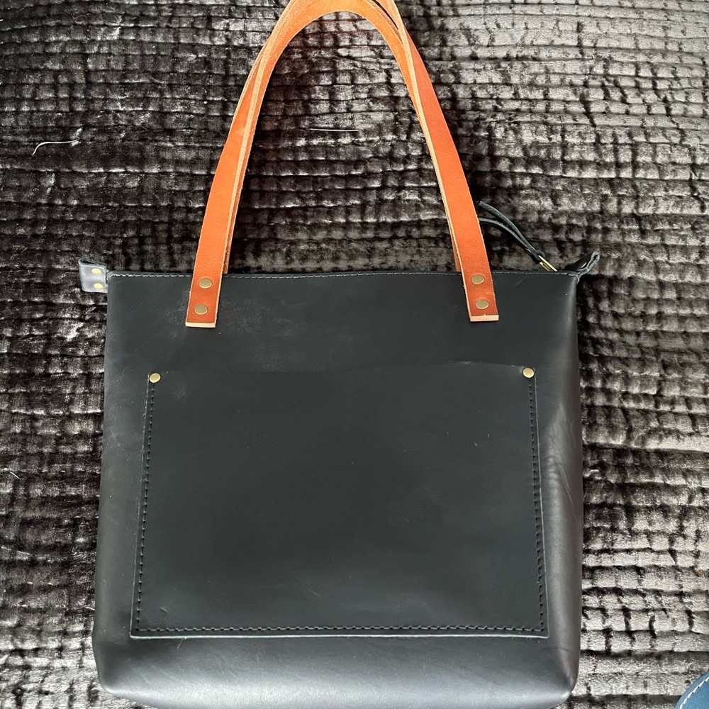 Portland Leather small zip tote smooth black and tan handles
